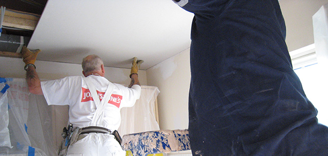 Replacing the bowed ceiling with fresh plasterboard sections