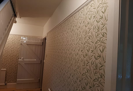 Designer wallpaper and paint in Hallway..